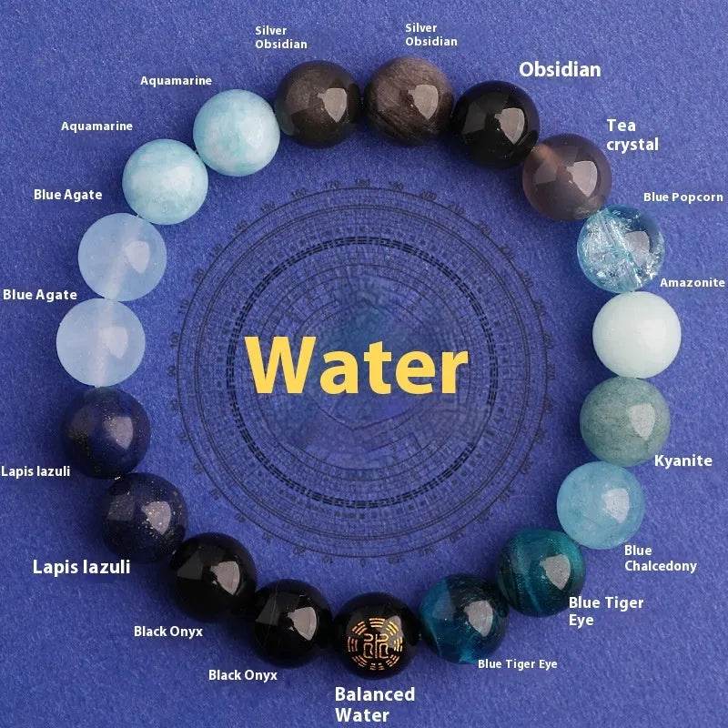 Green agate balance energy bracelet with natural crystal beads in five elemental colours