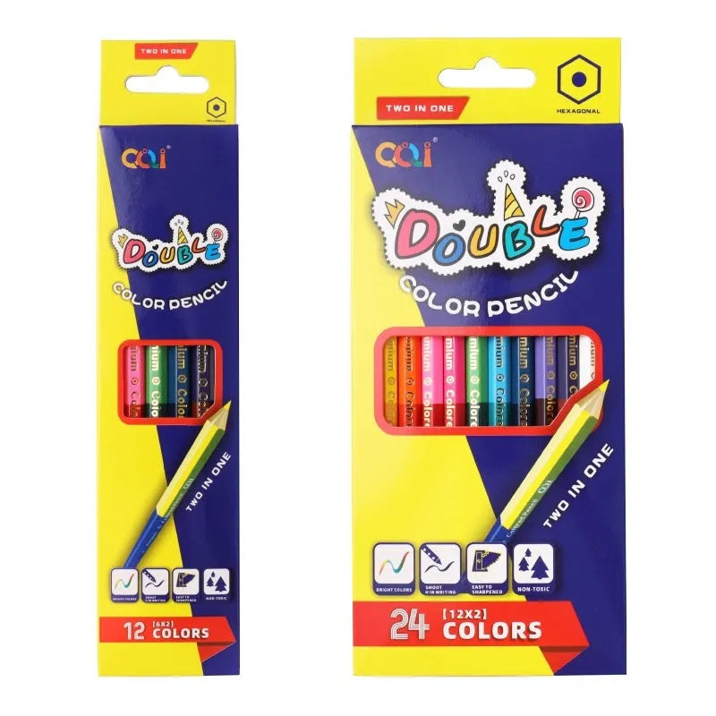 Set of wooden double-headed coloured pencils in 12-piece and 6-piece pack options for art students.