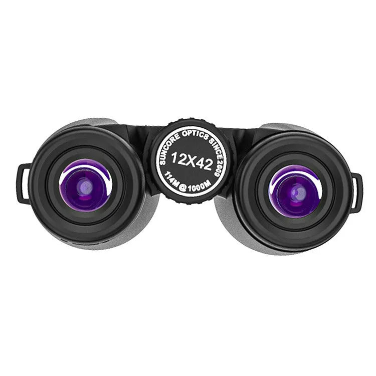 Black 12x42 binoculars with objective lenses and central focus wheel for outdoor sport use