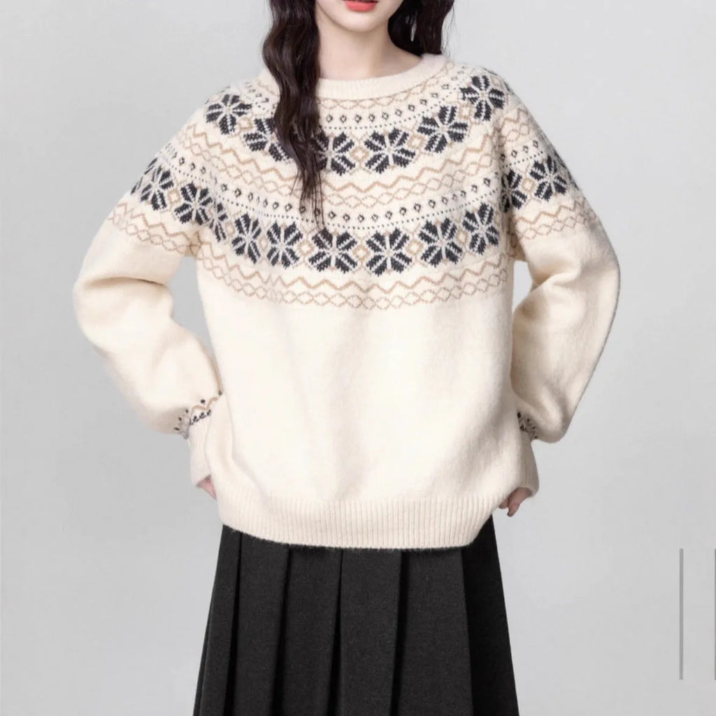 Milky White women's loose knit sweater with an all-over geometric Fair Isle pattern, crew neck, and long sleeves.