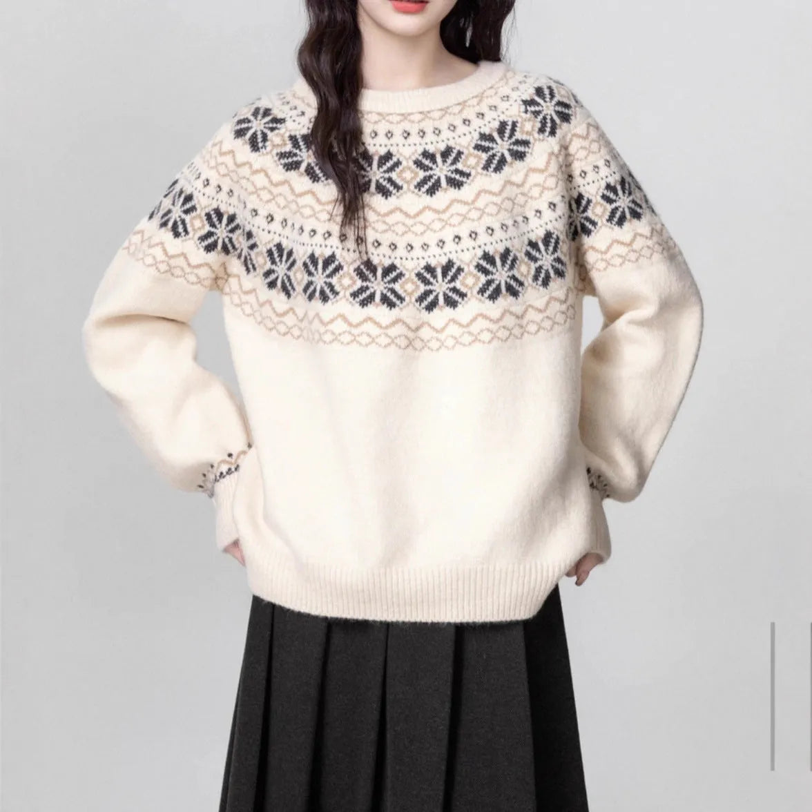 Milky White women's loose knit sweater with an all-over geometric Fair Isle pattern, crew neck, and long sleeves.