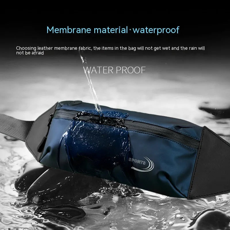 Men's black waterproof polyester waist bag with zip, shown at 45cm wide.