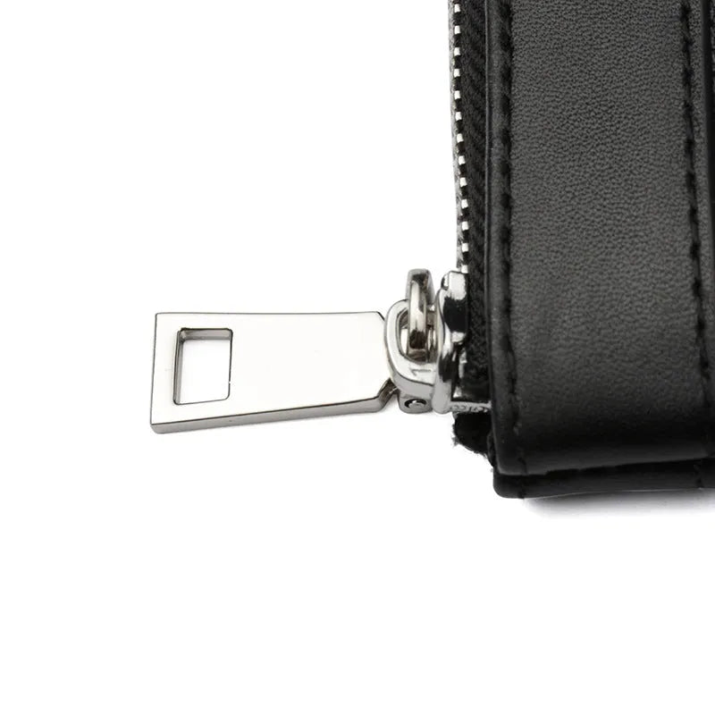 Men's black leather plaid clutch wallet showing 20x10 cm dimensions and cowhide material