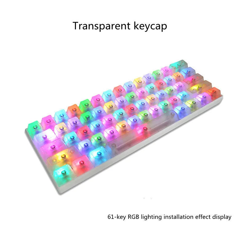 Set of 104 transparent PBT mechanical keyboard keycaps in orange, white, blue, and black colours on a white background.