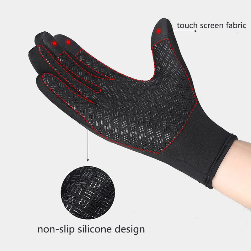 Pair of winter touch screen riding gloves in blue with polar fleece lining and antiskid grip for motorcycle use