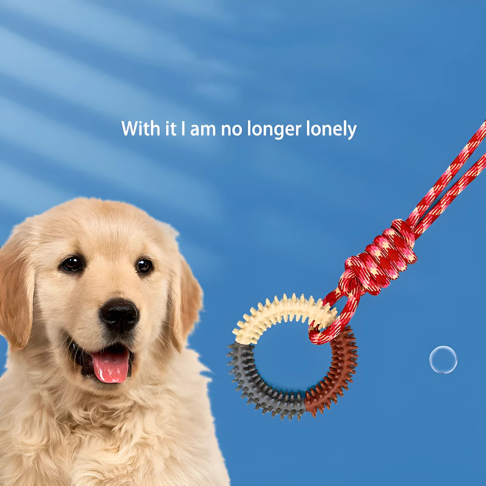 Blue, red, and rose red braided rope dog toy with a large central knot.