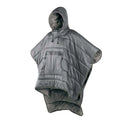 Outdoor cloak sleeping bag worn as cape showing grey colour and 200x140cm dimensions