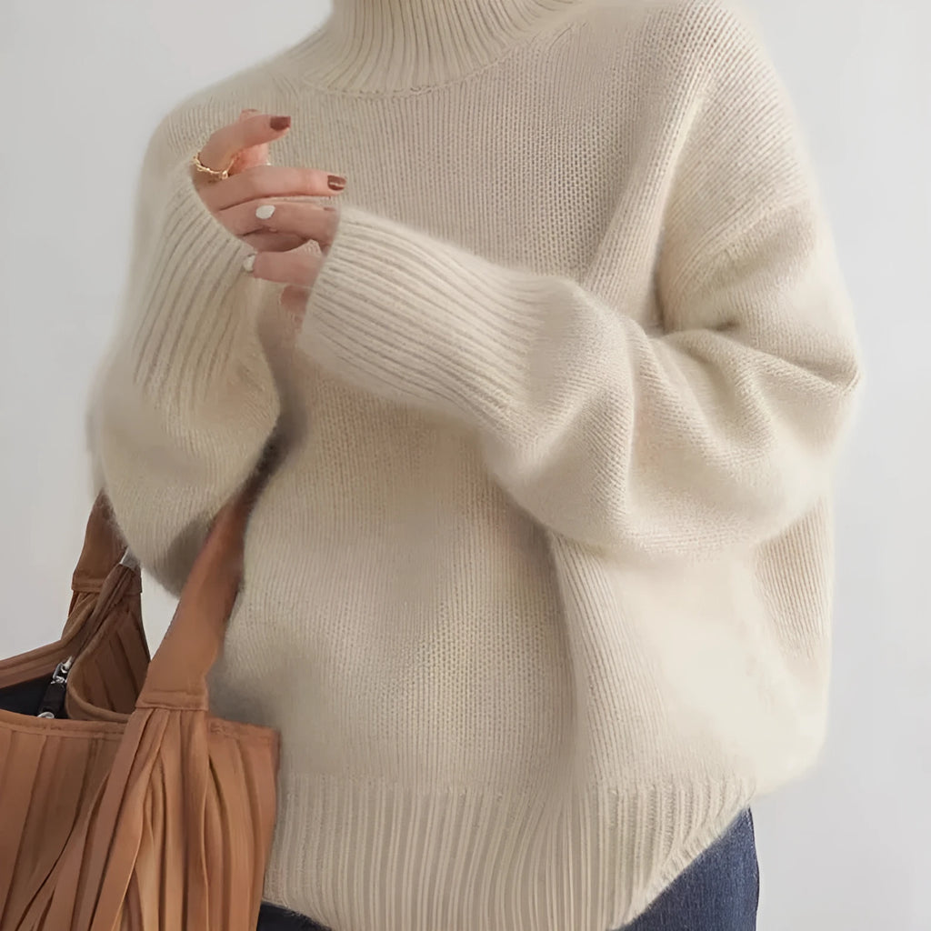 Women's high-neck loose knit pullover sweater in solid colour, thick knit, long sleeves, regular length