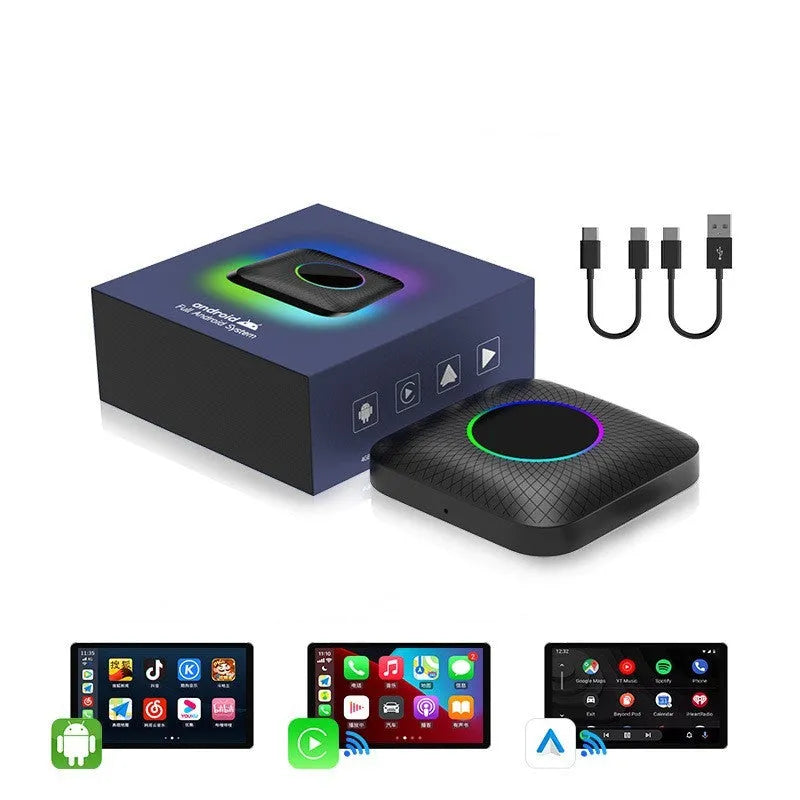 Compact black ABS PC wireless CarPlay adapter box with data cables for original car systems.