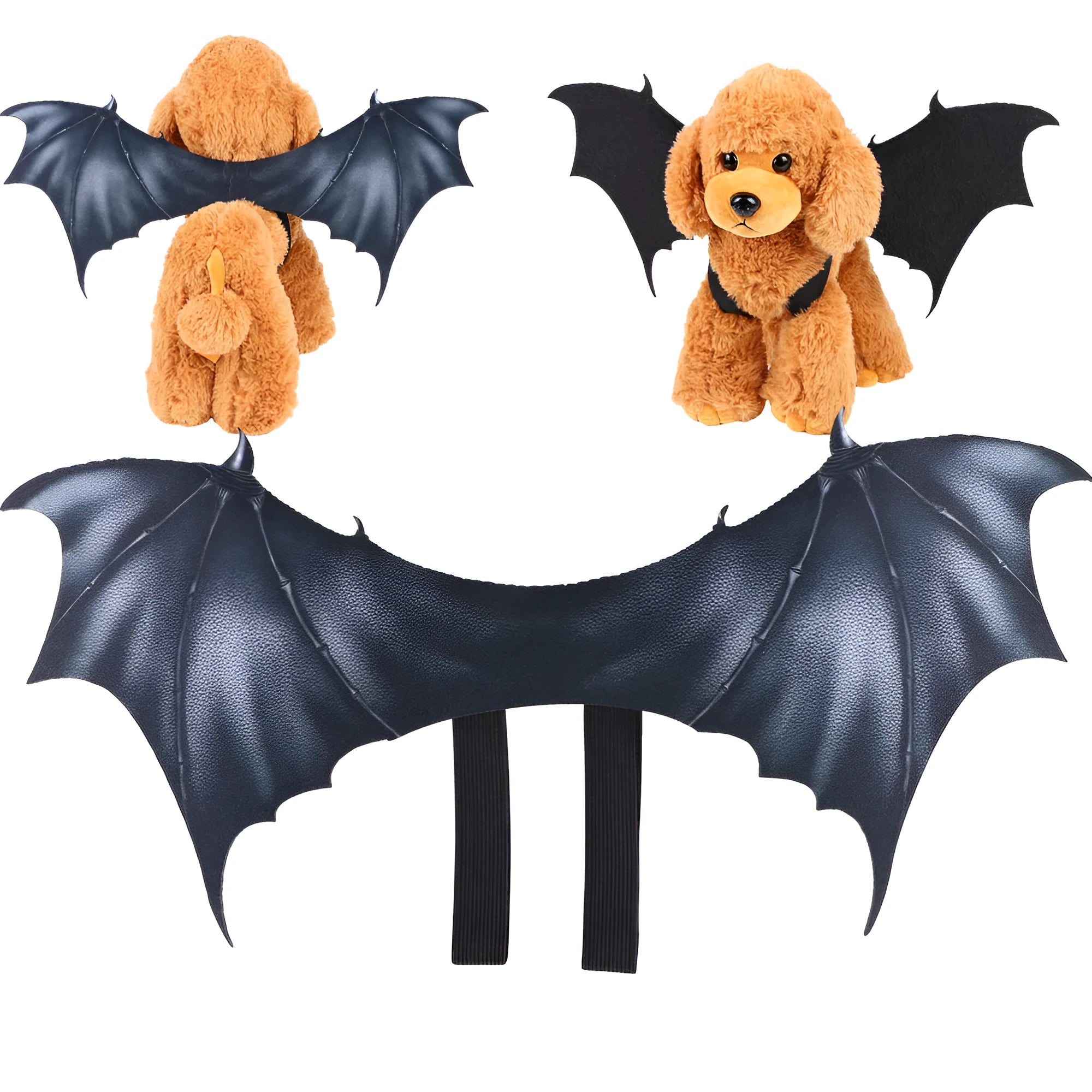 Black bat wing costume for a dog or cat on a Halloween background.