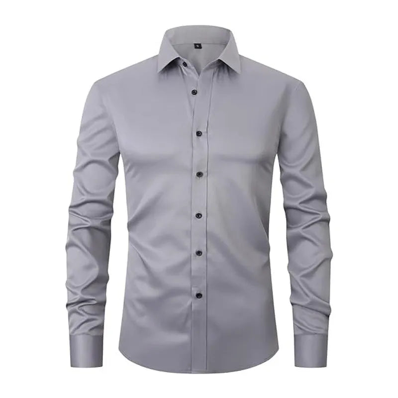 Man wearing a stretch polyester long sleeve work shirt in a blue colour, suitable for manual labour.