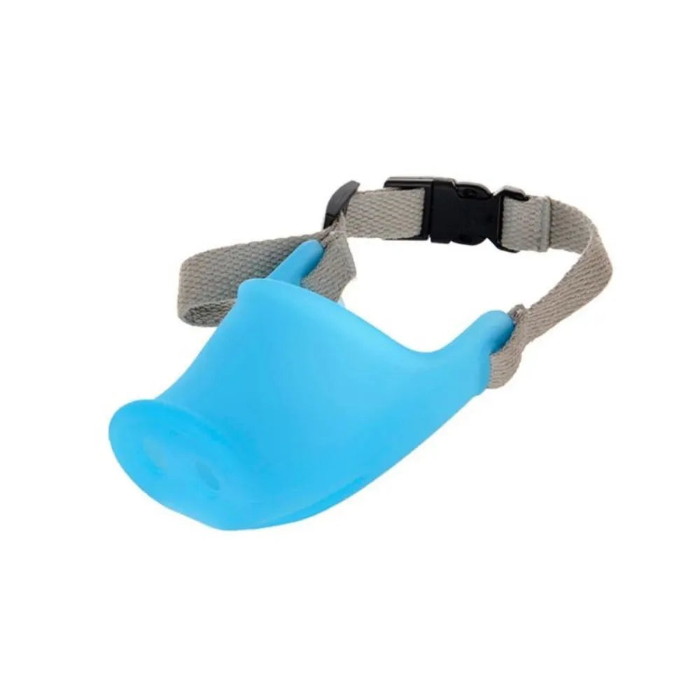 Green silicone anti-bite mouth cover for dog with long snout, showing size comparison