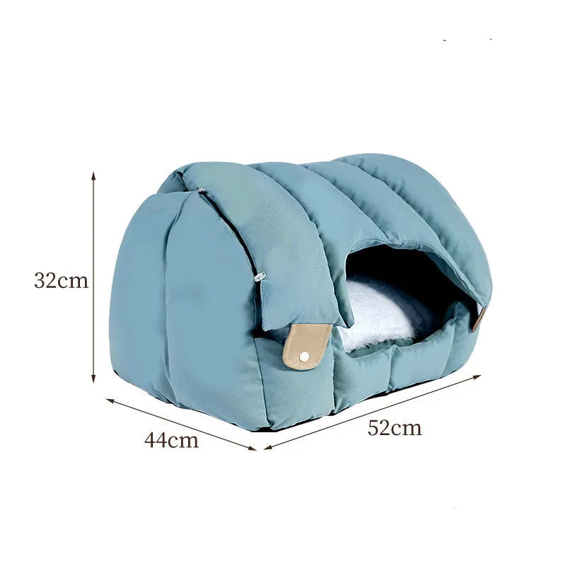 Grey and green dual-purpose arched pet nest showing both enclosed and sofa-style configurations for cats and dogs