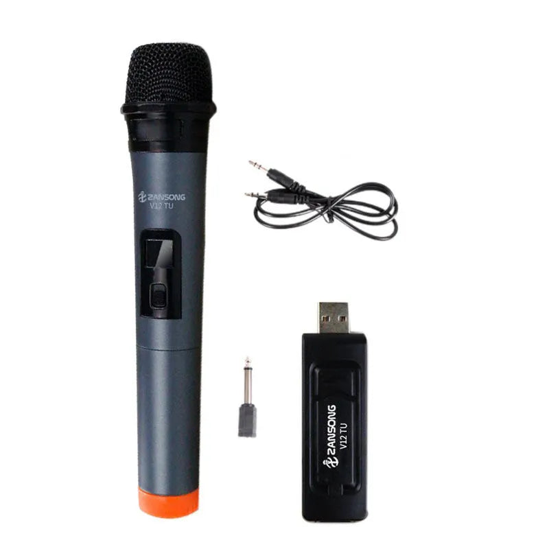 Black ZANSONG V12 wired dynamic handheld microphone with USB receiver and audio cable.