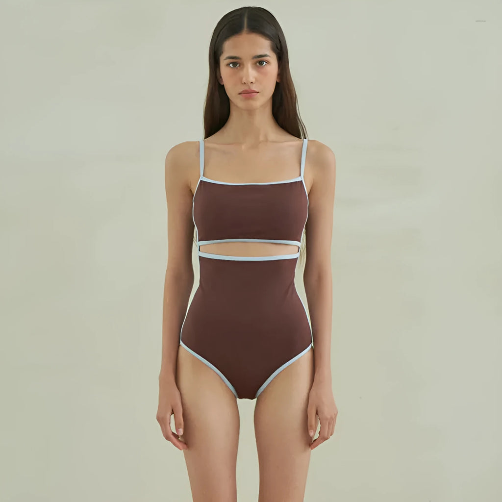 Brown nylon one-piece swimsuit for women with a triangular sexy design.