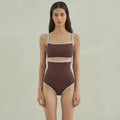 Brown nylon one-piece swimsuit for women with a triangular sexy design.