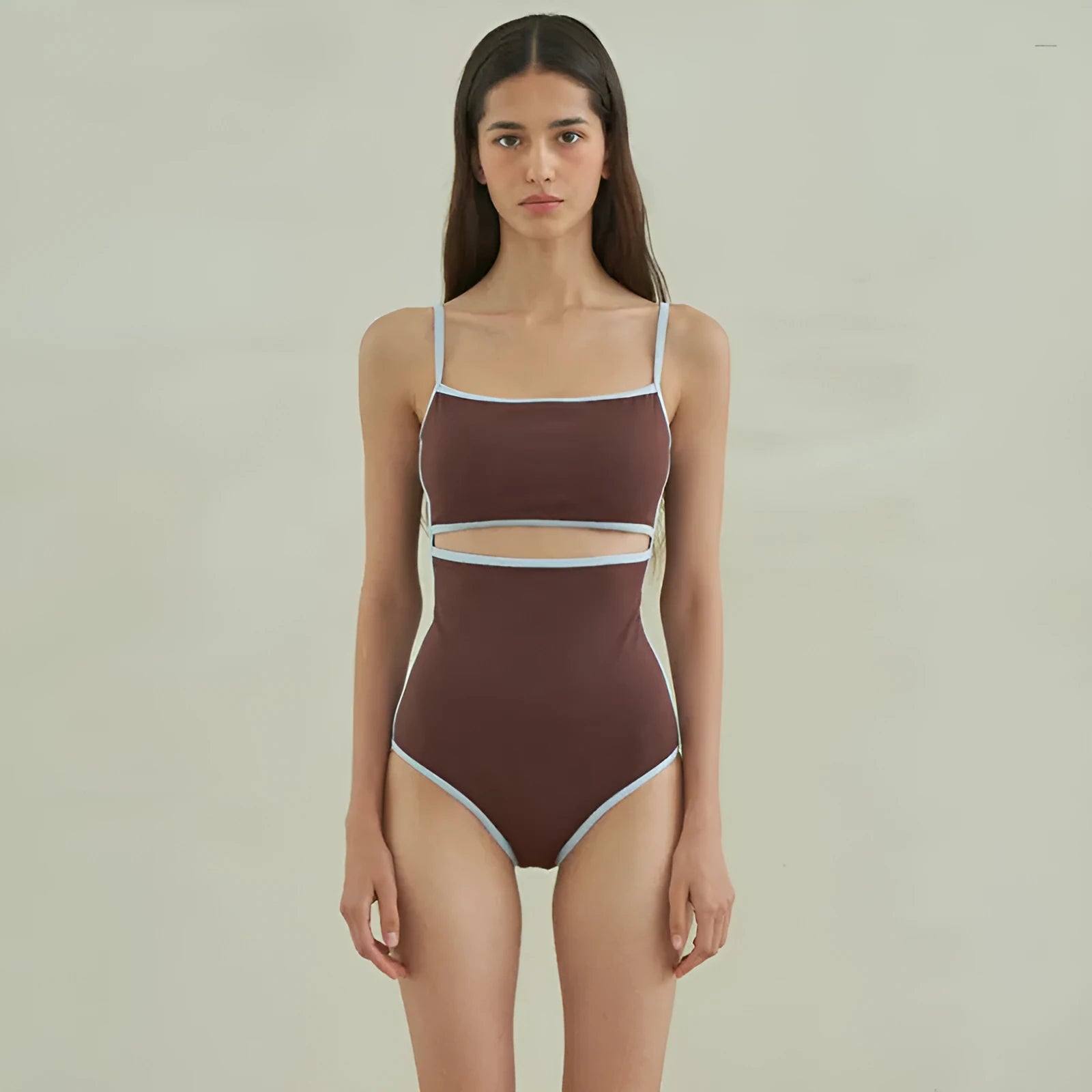 Brown nylon one-piece swimsuit for women with a triangular sexy design.