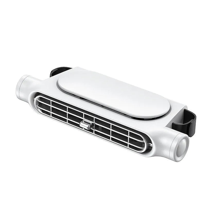 Creative USB plug-in bladeless car fan in black mounted on a car dashboard with velcro