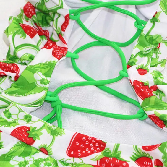 Women's strawberry print one-piece swimsuit with cross strap backless design and push-up support