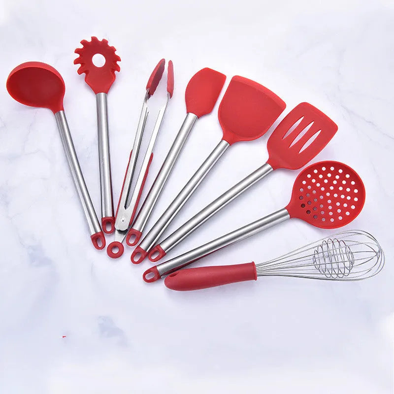 8-piece silicone kitchenware set with stainless steel tube handles in black and red, including spatulas and colander