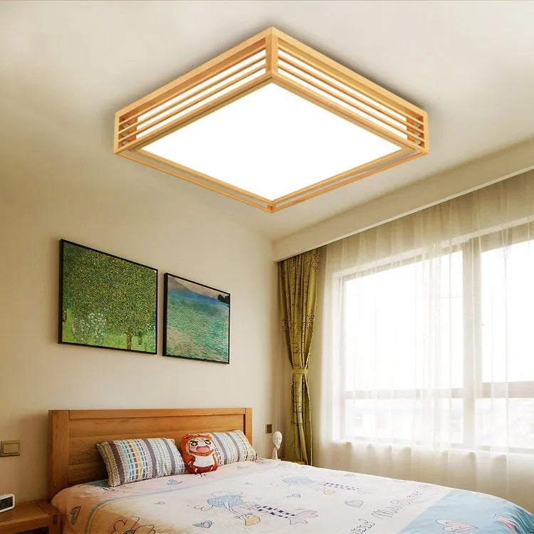 Solid wood Nordic ceiling lamp with remote control and three colour temperature settings for living room and bedroom