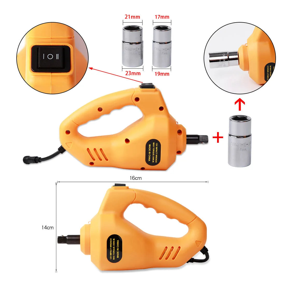 Yellow steel 12V electric car jack and wrench set for emergency tyre changes