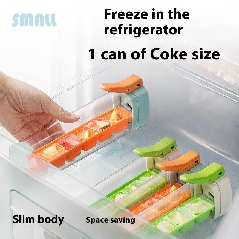 Food-grade plastic ice tray with press-release mechanism and storage box in Maldives blue colour.