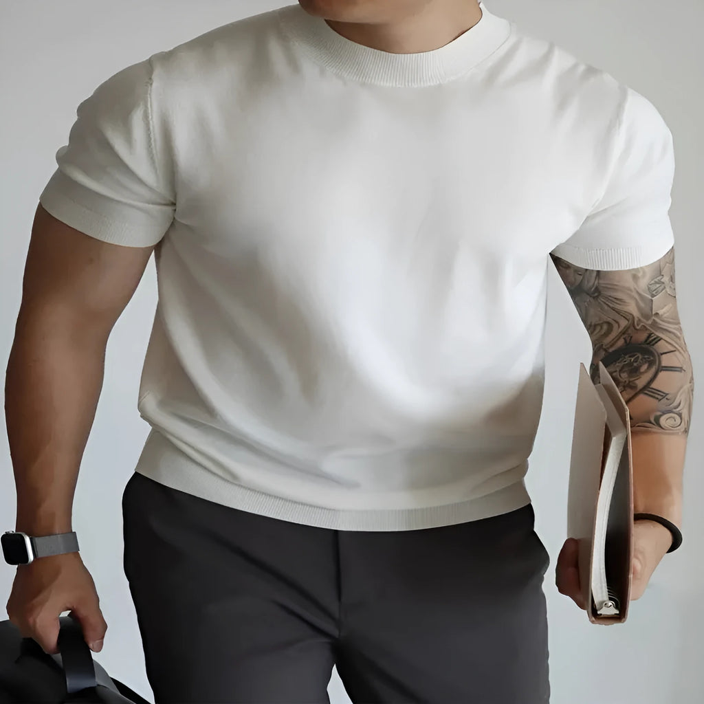Men's slim-fit solid colour T-shirt on a hanger, shown in a wine red colour.