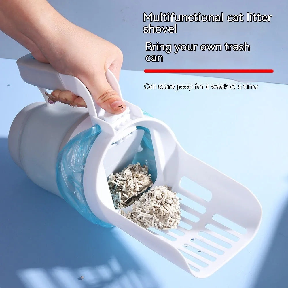 Self-cleaning cat litter scoop system with waste bin in grey colour showing foldable bottom design