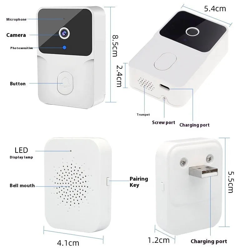 Intelligent visual doorbell with WiFi video intercom, night vision, 300000-pixel camera, black or white