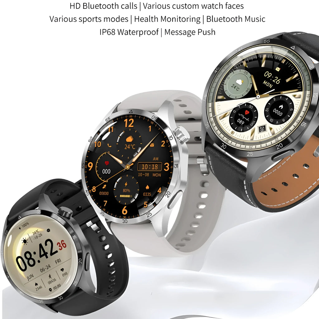 Black Bluetooth smartwatch with touch screen showing health stats, on silicone or Milan net strap.