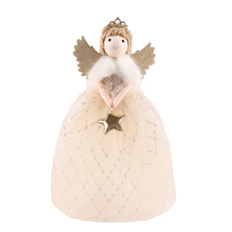 Angel girl doll ornament in non-woven fabric, 26 x 15 cm, shown in gold and light gray for festive hanging display