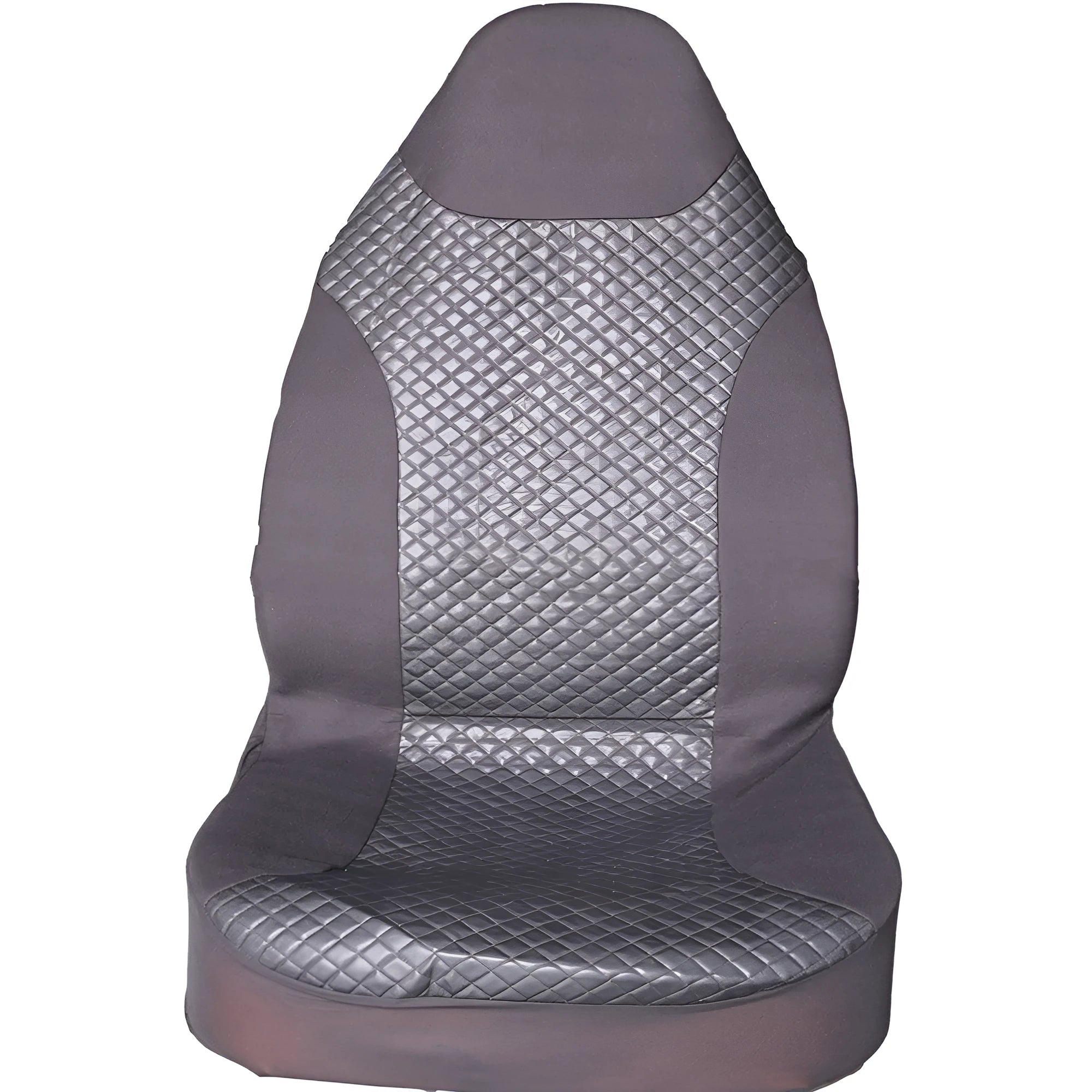 Black quilted automotive seat cover made of PU and polyester fabric with plastic attachment hooks.