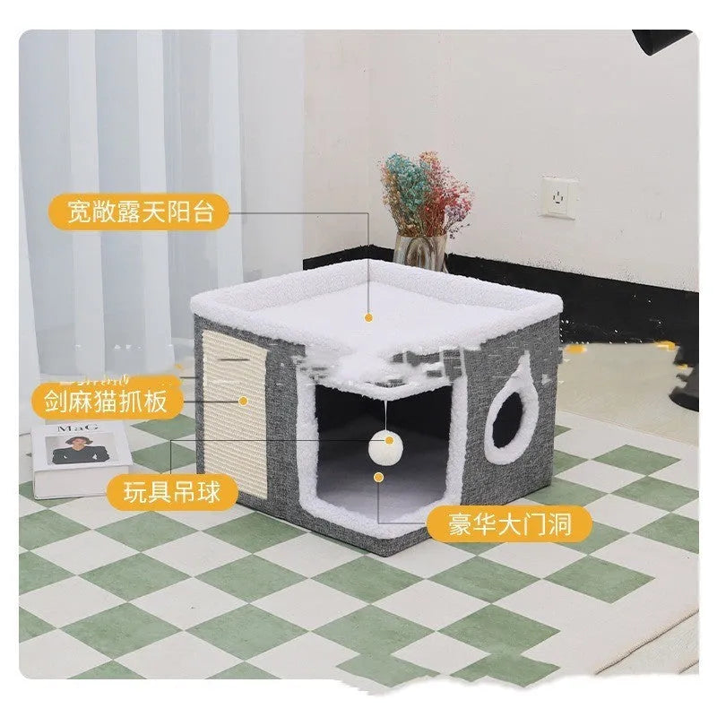Dark grey double-layer foldable cat nest villa 39x39x32cm cloth cat house