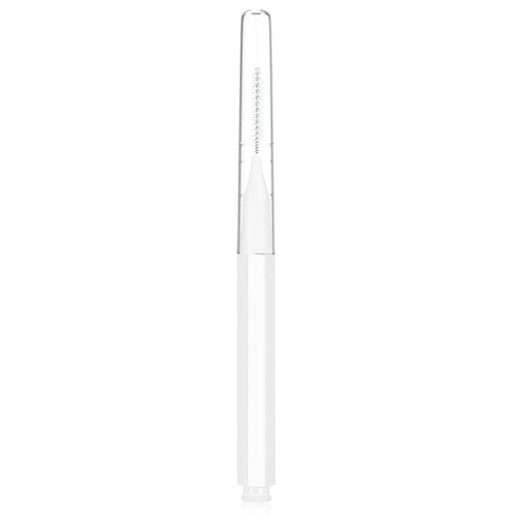 Set of coloured micro eyebrow and eyelash brushes with protective caps arranged on a white surface.