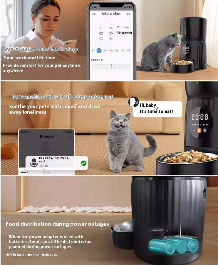 Black automatic pet feeder with digital display and food hopper on a wooden floor.