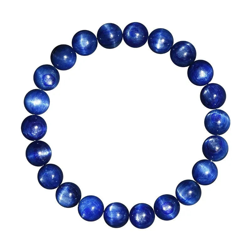 A polished blue crystal bracelet with geometry-shaped beads and a Ruyi charm on a single circle.