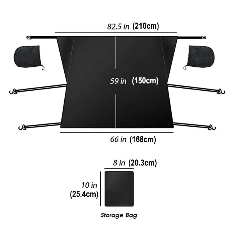 Black 210T polyester car windshield snow cover with six elastic bands, 205x150cm, for outdoor parking