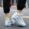 Children's rotating button fastening basketball shoes in black, pink, white & purple, and white blue.