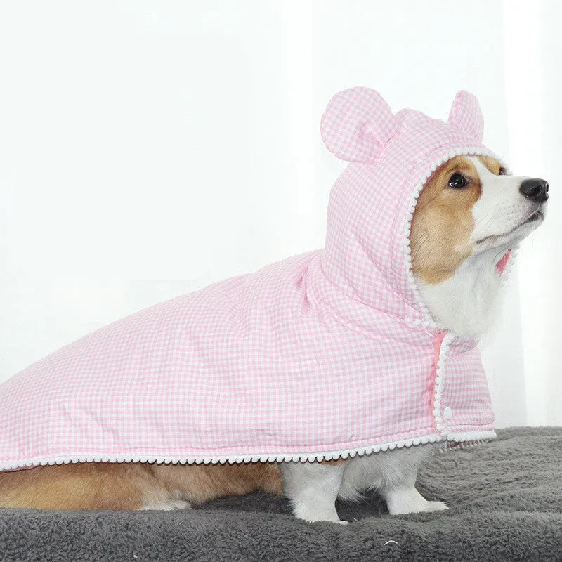 Cotton quilted plaid pet cloak in blue grid pattern for small to large dogs