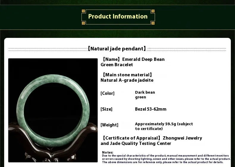 Natural emerald bean green women's bracelet on a gift box, showing simple design and deep pea green stone colour.