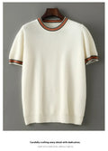Men's round neck short sleeve pure wool sweater in grey on a hanger.