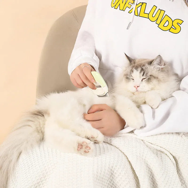 Blue dual-use pet comb with cleaning needle for dog and cat hair removal, showing lightweight 74g handheld design