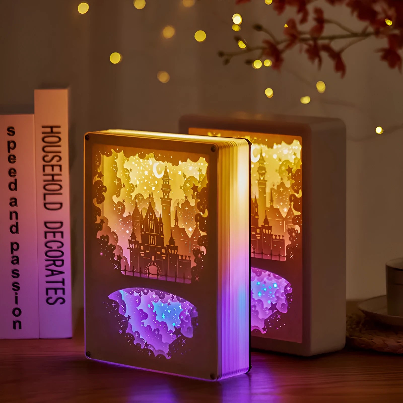 Modern bedside USB night light with 3D carved plastic shade and remote control on a table.