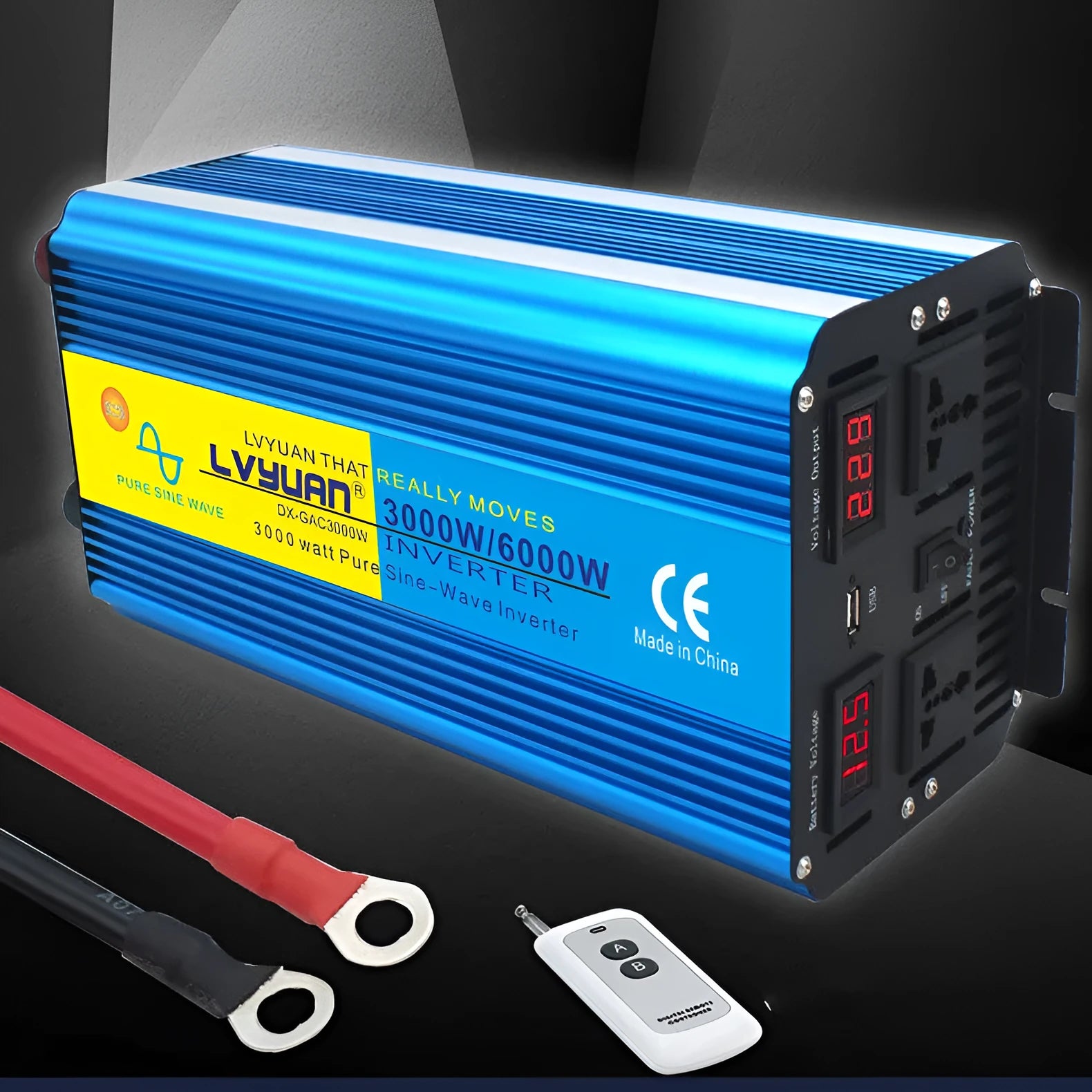 Blue 3000W pure sine wave power inverter with digital display and British Standard sockets