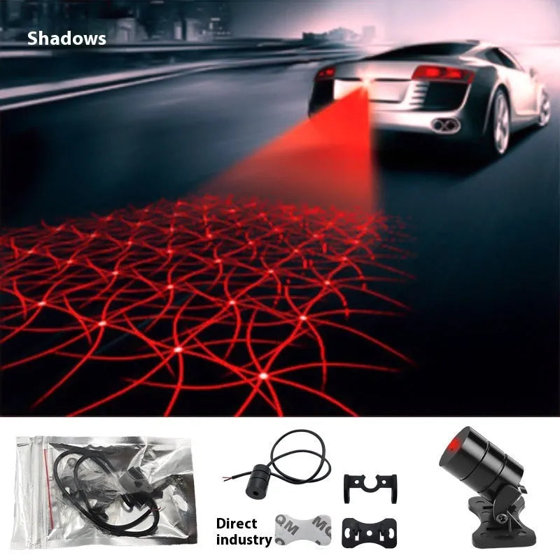 Universal motorcycle laser anti-collision fog light with aluminium housing on a bike.