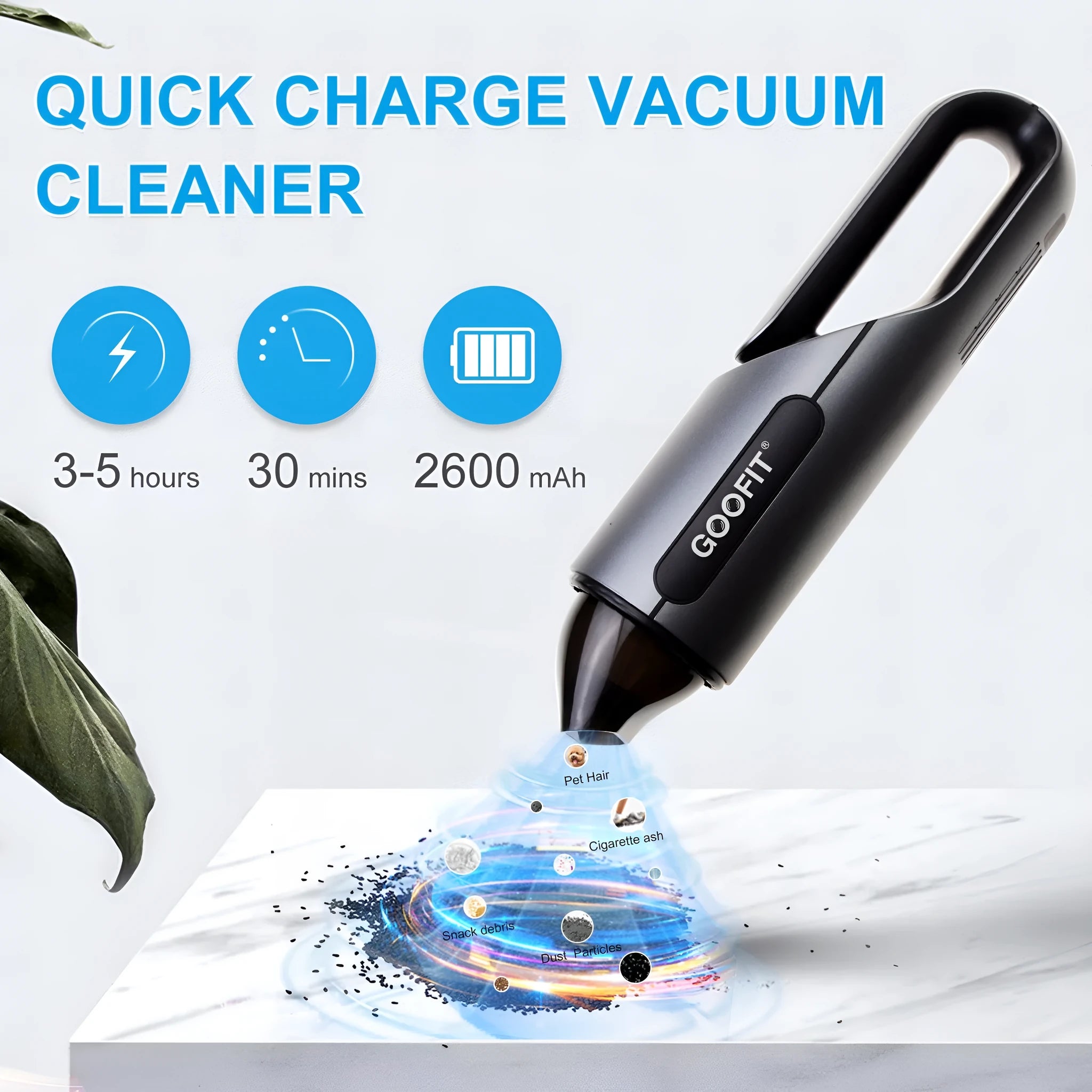 Black portable wireless handheld car vacuum cleaner with brush and flat attachments for vehicle cleaning