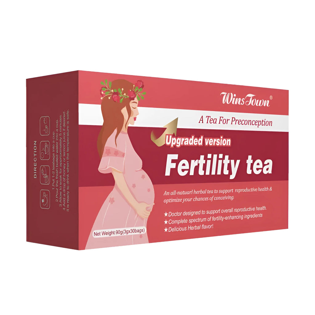Box of natural fertility tea containing 3 packs of 30 herbal tea bags, 90 bags total.