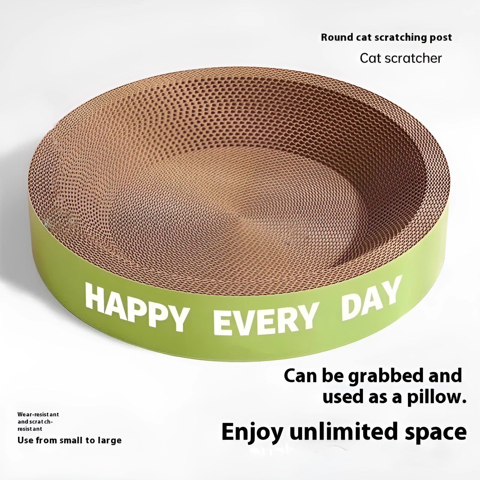 Green round cat scratching board nest with sisal surface, shown in 50cm and 55cm diameter sizes.
