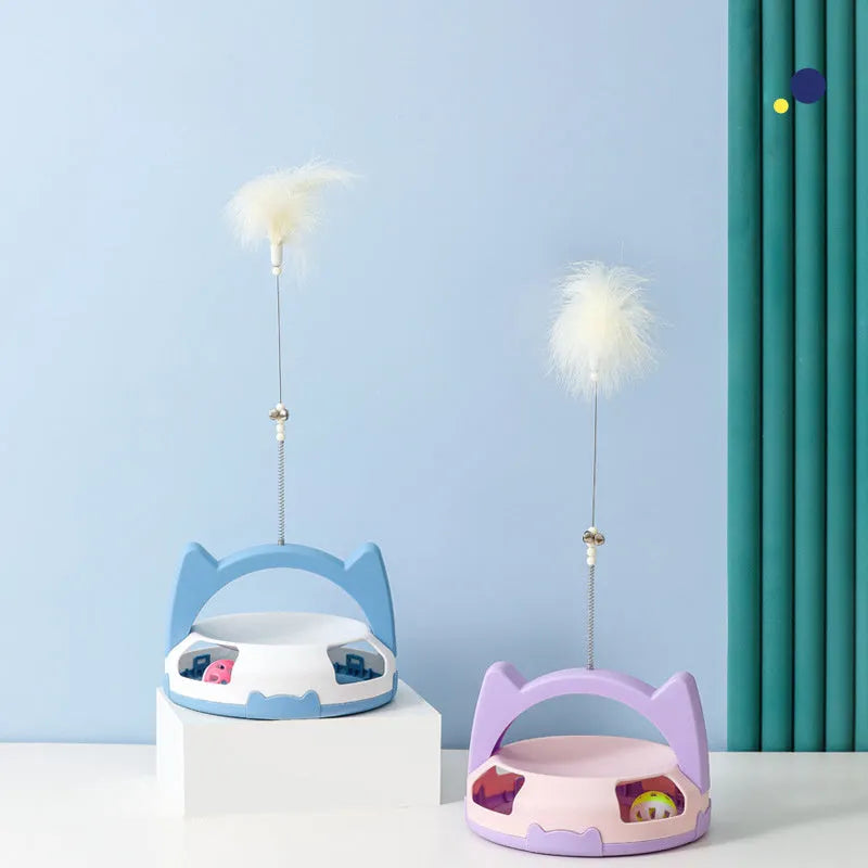 Bite resistant cat stick toy with a coloured spinning ball for interactive indoor play.